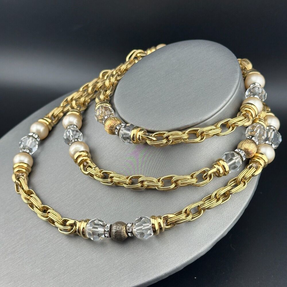 Heavy Vintage Gold Plated Chain Necklace Faux Pearl Crystal Beads Rhinestone 22"